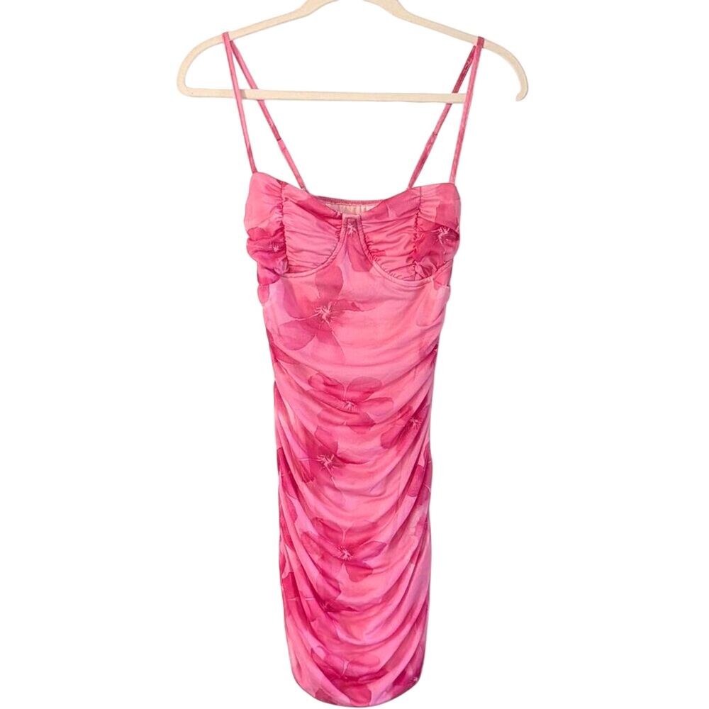Pink Mesh Ruched Bodycon Mini Dress Floral XS Coquette Y2K Fairy